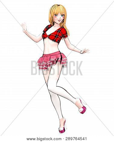 Sexy Anime 3d Doll Japanese Anime Schoolgirl Big Blue Eyes.short Red Jeans Skirt Blouse.cartoon, Com