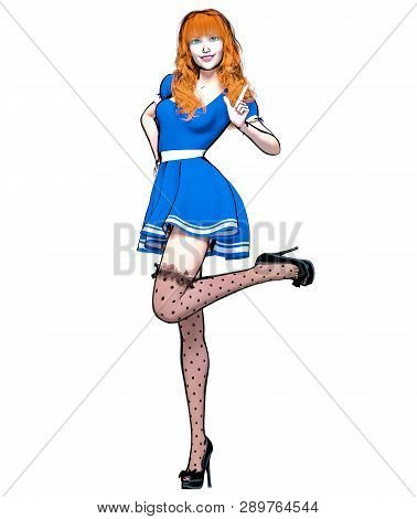 Sexy Anime 3d Doll Japanese Anime Girl Big Green Eyes.short Blue Dress Dark Stockings.cartoon, Comic