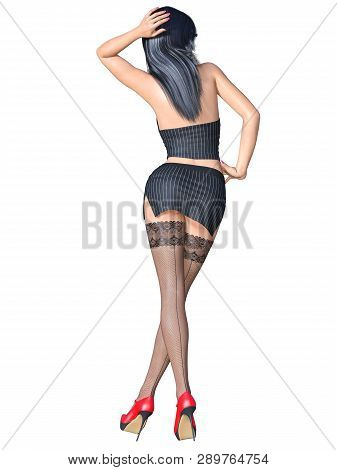 Long-haired Sexy Brunette Secretary Uniform Black Stocking.short Mini Skirt Striped Jacket.beautiful