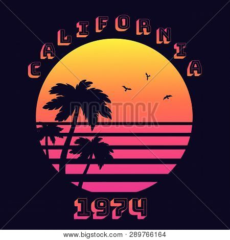 Summer Tropical Text California 1974 With Sunset Gradient And Palms Silhouette On Black Background.