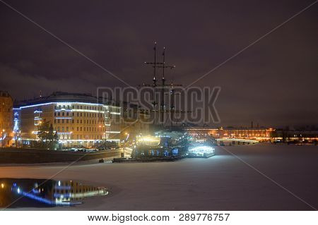 View Of Neva River And Mytninskaya Embankment On Petrograd Side In Center Of St.petersburg At Winter