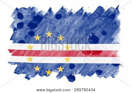 Cabo Verde Flag  Is Depicted In Liquid Watercolor Style Isolated On White Background