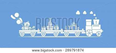 Funny Vector Illustration With Train Carries Toys: Baby Toy Musical Maracas, Designer, Bear, Gifts, 