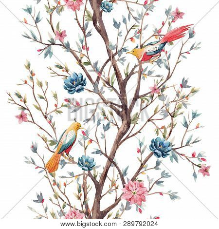 Beautiful Seamless Pattern With Watercolor Cute Flowers And Birds