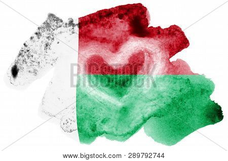 Madagascar Flag  Is Depicted In Liquid Watercolor Style Isolated On White Background