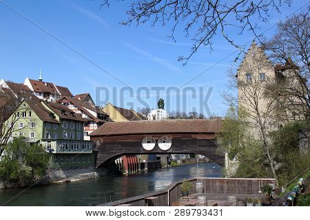 Swiss Old Town Baden On The River Limat With The Traditional Covered Wooden Bridge