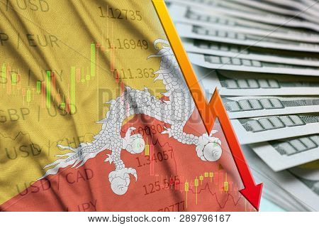 Bhutan Flag And Chart Falling Us Dollar Position With A Fan Of Dollar Bills