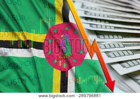 Dominica Flag And Chart Falling Us Dollar Position With A Fan Of Dollar Bills