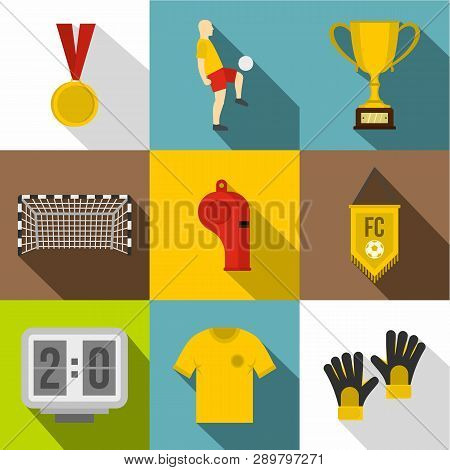 Soccer Equipment Icon Set. Flat Style Set Of 9 Soccer Equipment Icons For Web Design