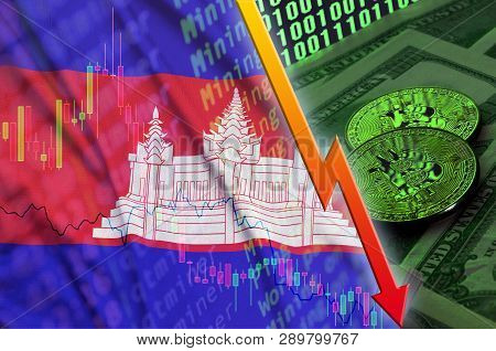Cambodia Flag And Cryptocurrency Falling Trend With Two Bitcoins On Dollar Bills And Binary Code Dis