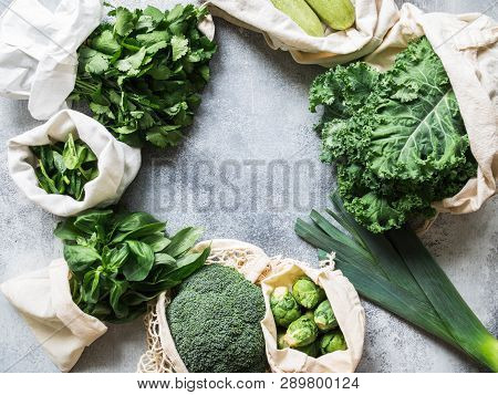 Healthy Green Vegan Ingredients For Cooking. Various Clean Green Vegetables And Herbs In Textile Bag