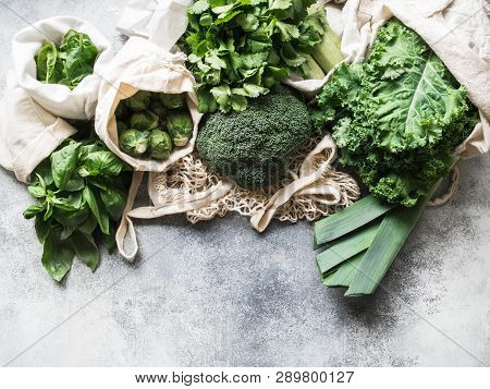 Healthy Green Vegan Ingredients For Cooking. Various Clean Green Vegetables And Herbs In Textile Bag