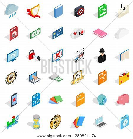 Document Icons Set. Isometric Style Of 36 Document Icons For Web Isolated On White Background