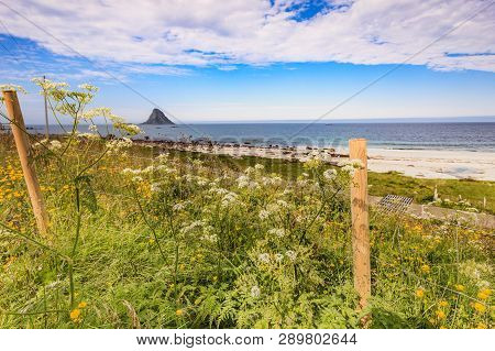 Seascape, Sea Coast With Sandy Beach And Island Bleiksoya In The Distance, Resort Bleik Andoya Norwa