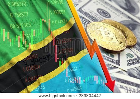 Tanzania Flag And Cryptocurrency Falling Trend With Two Bitcoins On Dollar Bills