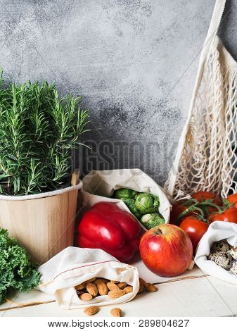 Healthy Vegetarian Ingredients For Cooking. Various Clean Vegetables, Herbs, Nut On Table. Products 