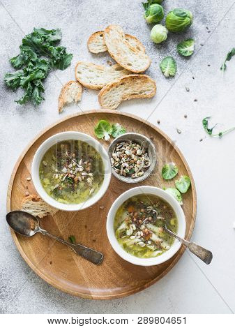 Green Vegetable Vegan Soup From Keil, Brussels Sprouts, Zucchini, Leek With Various Germinated Seeds
