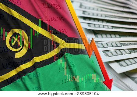 Vanuatu Flag And Chart Falling Us Dollar Position With A Fan Of Dollar Bills