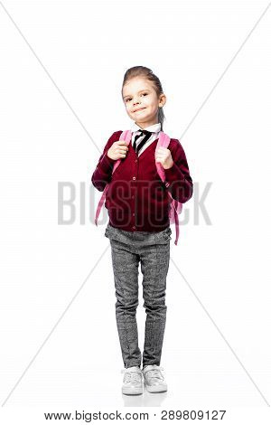 Back To School. Beautiful Little Girl Dressed Like A School Girl - In White Shirt, Red Blouse And Gr