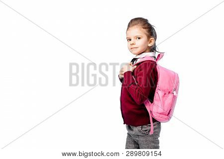 Back To School. Beautiful Little Girl Dressed Like A School Girl - In White Shirt, Red Blouse And Gr