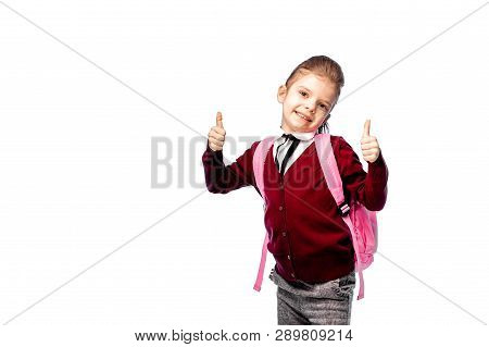 Back To School. Beautiful Little Girl Dressed Like A School Girl - In White Shirt, Red Blouse And Gr