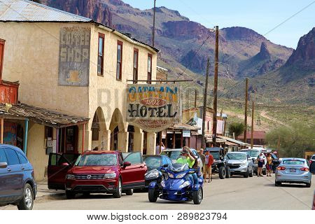 March 5, 2019 In Oatman, Az:  Rustic Buildings Including The Historic Oatman Hotel Taken In This Pas