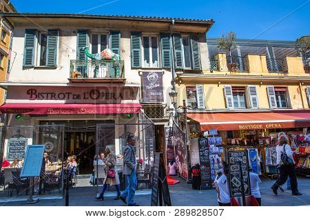 Nice, France - April 18 2017. Restaurant And Souvenir Shop In Old Town Of Nice, France.