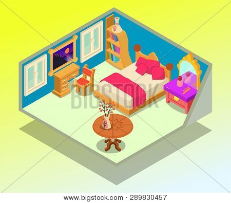 Bedchamber Concept Banner. Isometric Banner Of Bedchamber Concept For Web, Giftcard And Postcard