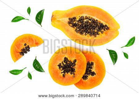 Ripe Slice Papaya Isolated On A White Background. Top View. Flat Lay