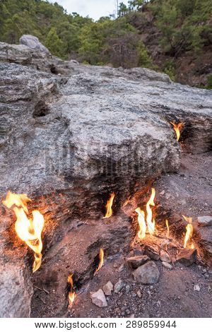 Flames of Chimera Mount from the underground. Fire from the natural gas in the rocks in Cirali, Turkey.