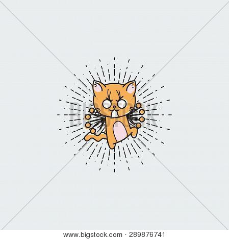 Vector Illustration Of A Bristling Cartoon Cat. Lined Jolt Kitten