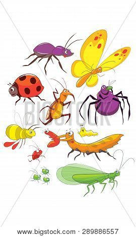 Funny Bug Set. Collection Happy Cartoon Insects. Colorful Hand Drawn Illustration.