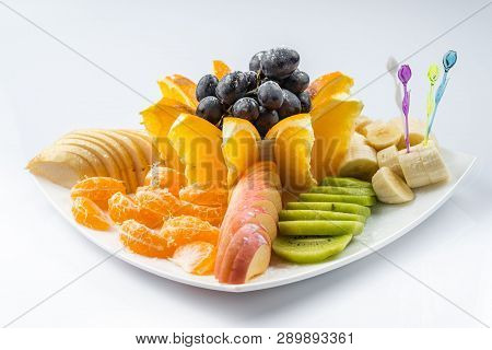 Mixed Fruit In White Plate Isolated On White Background - Healthy Food Style