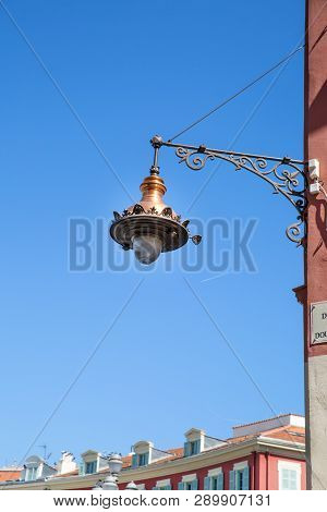 Nice, France - April 18 2017. Beautiful Street Lantern In Nice, France. Bright Summer Blue Sky.