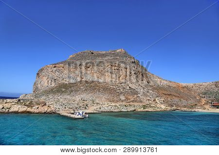 Sea View On The Coast Of The Gramvousa Island With Fortress On The Top, Crete, Greece