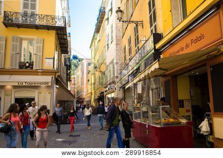 Nice, France - April 18 2017. Old Town Of Nice, A Lot Of Tourists, Patisseries And Restaurants.