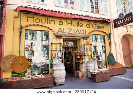 Nice, France - April 18 2017. Local Souvenir Shop In Nice, French Riviera, France. Beautiful Facade.