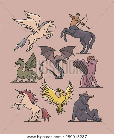 Vector Fantasy Illustration. Outline Icon Set. Pegasus, Centaur, Dragon, Basilisk, Sphinx, Unicorn, 
