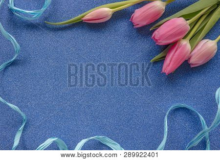 Pink Tulips With Blue Ribbon On Blue Glitter Background With Copy Space