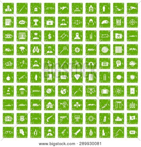 100 Antiterrorism Icons Set In Grunge Style Green Color Isolated On White Background Illustration