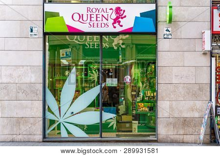Barcelona, Spain. March 2019: The Outside Of Royal Queen Seeds Growshop Store