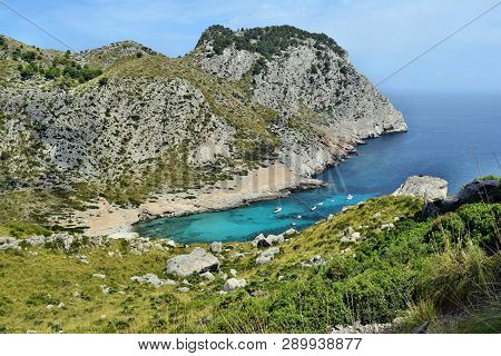 Beautiful Sea Bay With Turquoise Water, Beach And Mountains, Cala Figuera On Cap Formentor, Mallorca