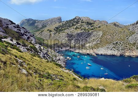 Beautiful Sea Bay With Turquoise Water, Beach And Mountains, Cala Figuera On Cap Formentor, Mallorca