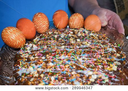 Cake For Easter With Colorful Topping With Boiled Eggs As Symbol Of Religion Tasty