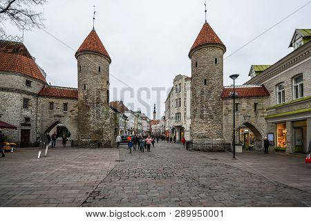 Tallinn, Estonia - November 3, 2018: Twin Towers Of Viru Gates In Old Town