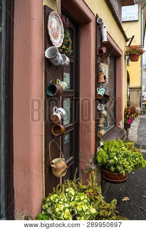 Vrchlabi, Czech Republic - October 25, 2018: External Ceramic Decoration Of The Gift Shop. The Town 