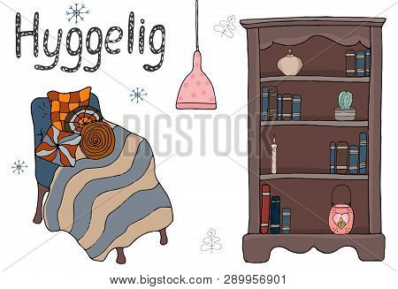 Cosy Vector Illustration Hygge Elements - Armchair And Bookcase With Books, Candles, Cactus, Lamp. T