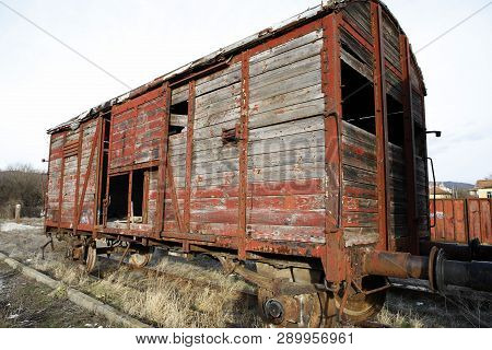 Abandoned Old Railway Wagons At Station, Old Train Wagons In An Abandoned Station