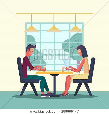 Young Man And Woman Meets In A Cafe And Drinks Coffee. Vector Illustration With The Interior Of A Ca