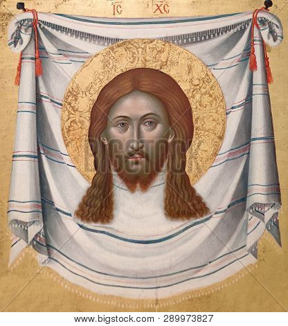 Meteora, Greece - March 17, 2018: Ancient Painting With The Holy Towel From Cemetery Church, 17-th C